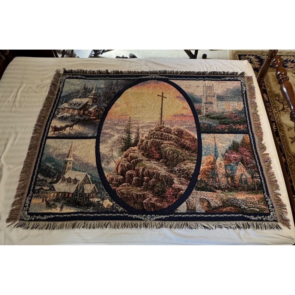 Thomas Kinkade Painter of Light Woven Tapestry Throw Blanket Cross Christmas USA